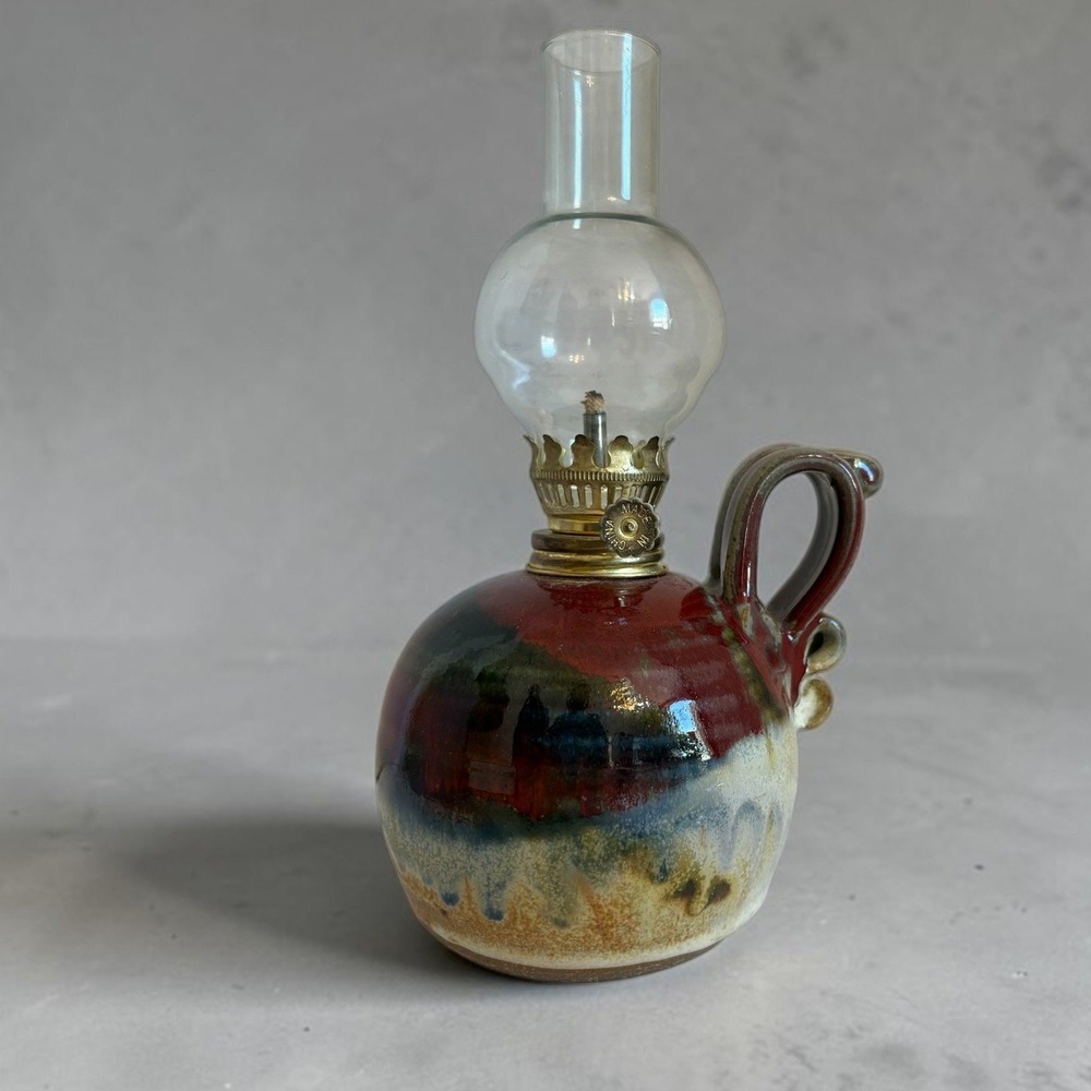Ayers 2000 Signed Studio Pottery Oil Lamp Red Blue Drip Glaze Ceramic 9 Inch